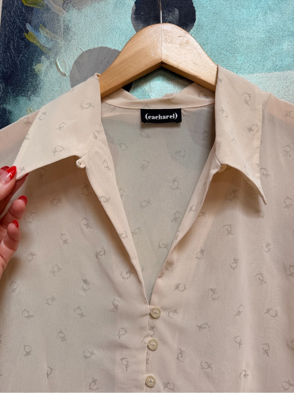 CACHAREL Y2K era Sheer Beige Metallic Print Viscose Blouse Top Sz Small - Picture 2 of 8